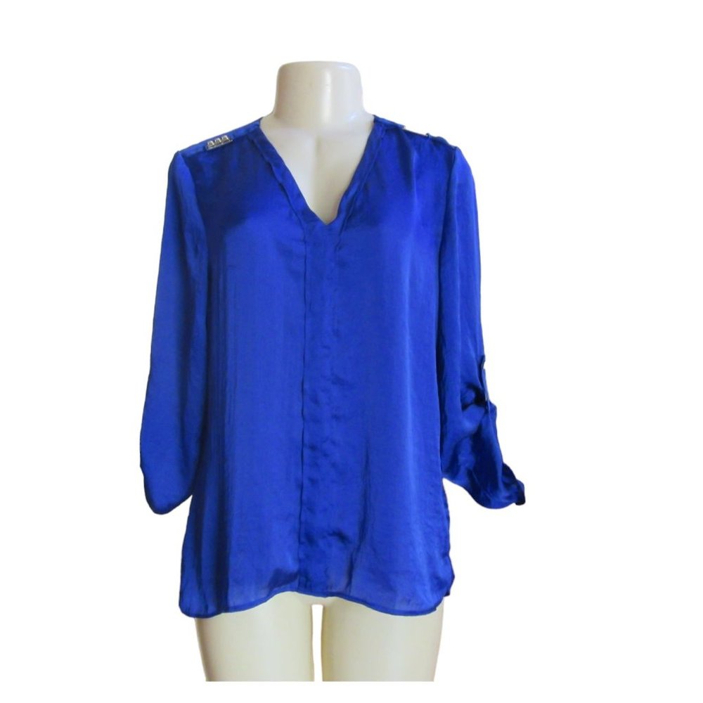 New w Tags, Ellen Tracy Sapphire Blue Long Rolled UP Sleeve Blouse in Size Small